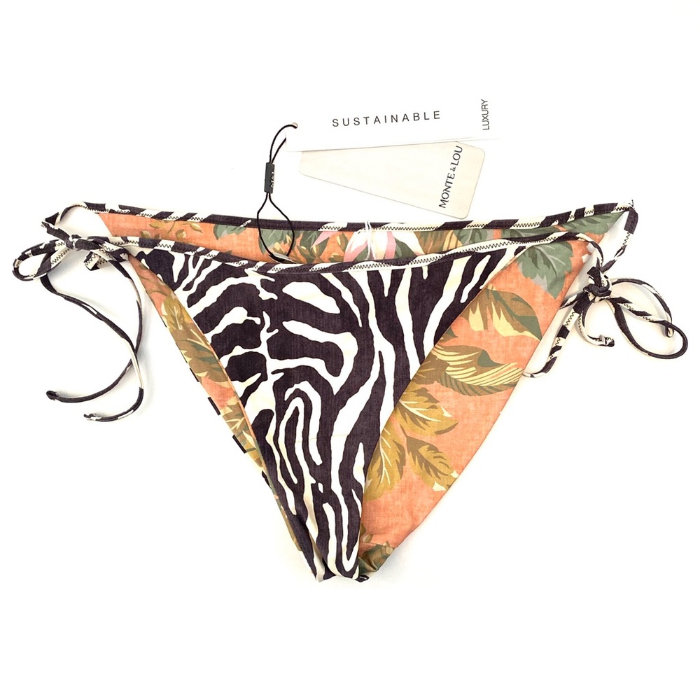 Monte & Lou Reversible Side Tie Bikini Bottoms NWT Zebra Coral Green Floral